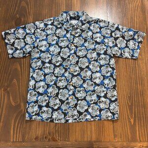 🌺 Vintage Odo Men's Hawaiian Shirt L Blue Gray Hibiscus‎ Wood Buttons
